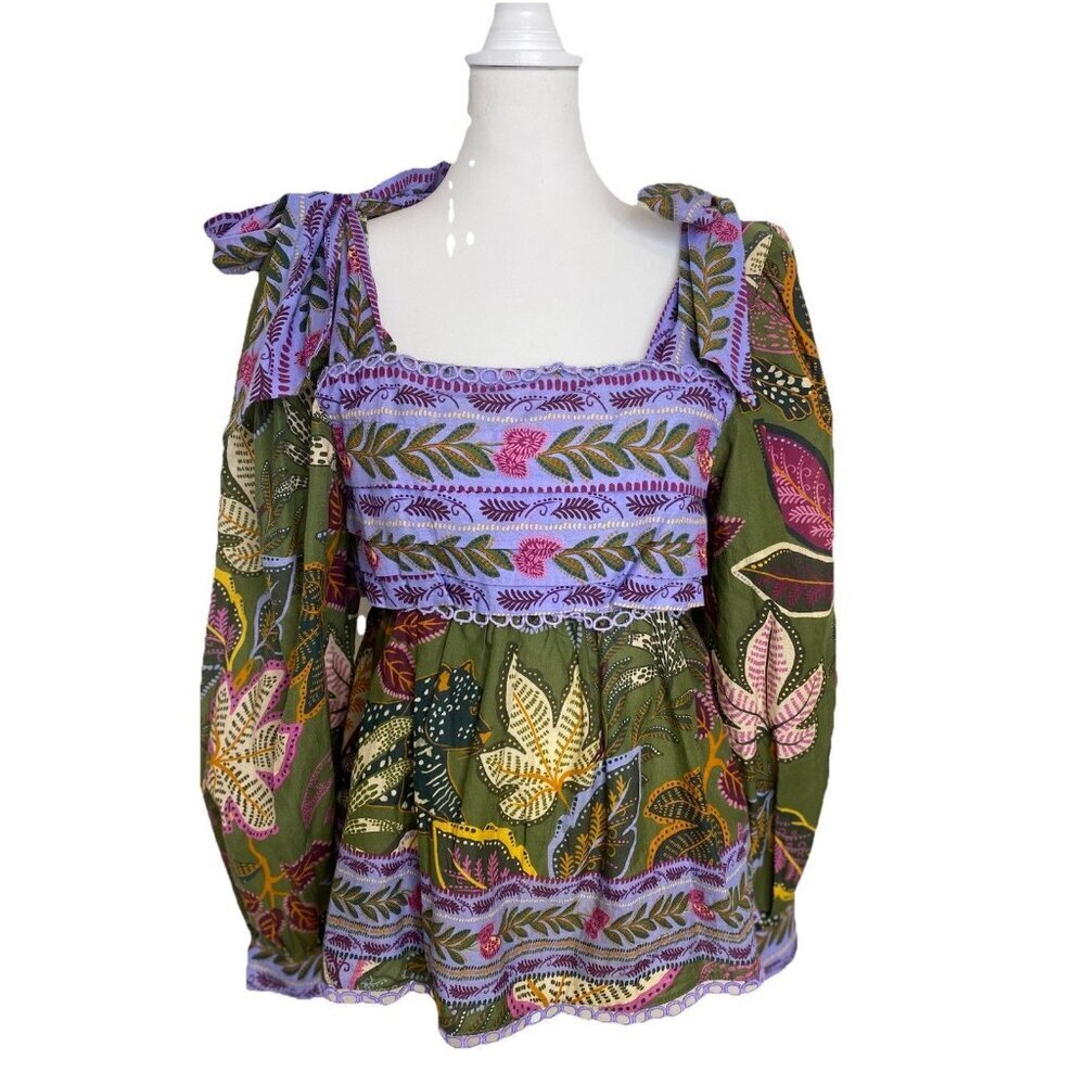 NWT Farm Rio Green Wild Jungle Blouse Long Puff Sleeve Cotton $185 Size S